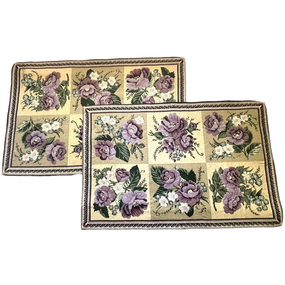 2 Tapestry Place Mats Purple Rose Cottagecore Bistro Style Flowers 19x13”